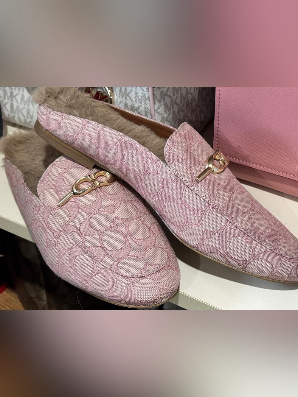Coach Pink Signature Jacquard Fur-Trim Loafers with Gold Accent